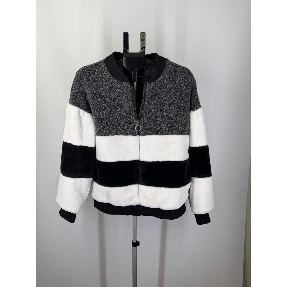 Made By Johnny Womens XXL Faux Fur Sherpa Bomber Jacket Grey White Black